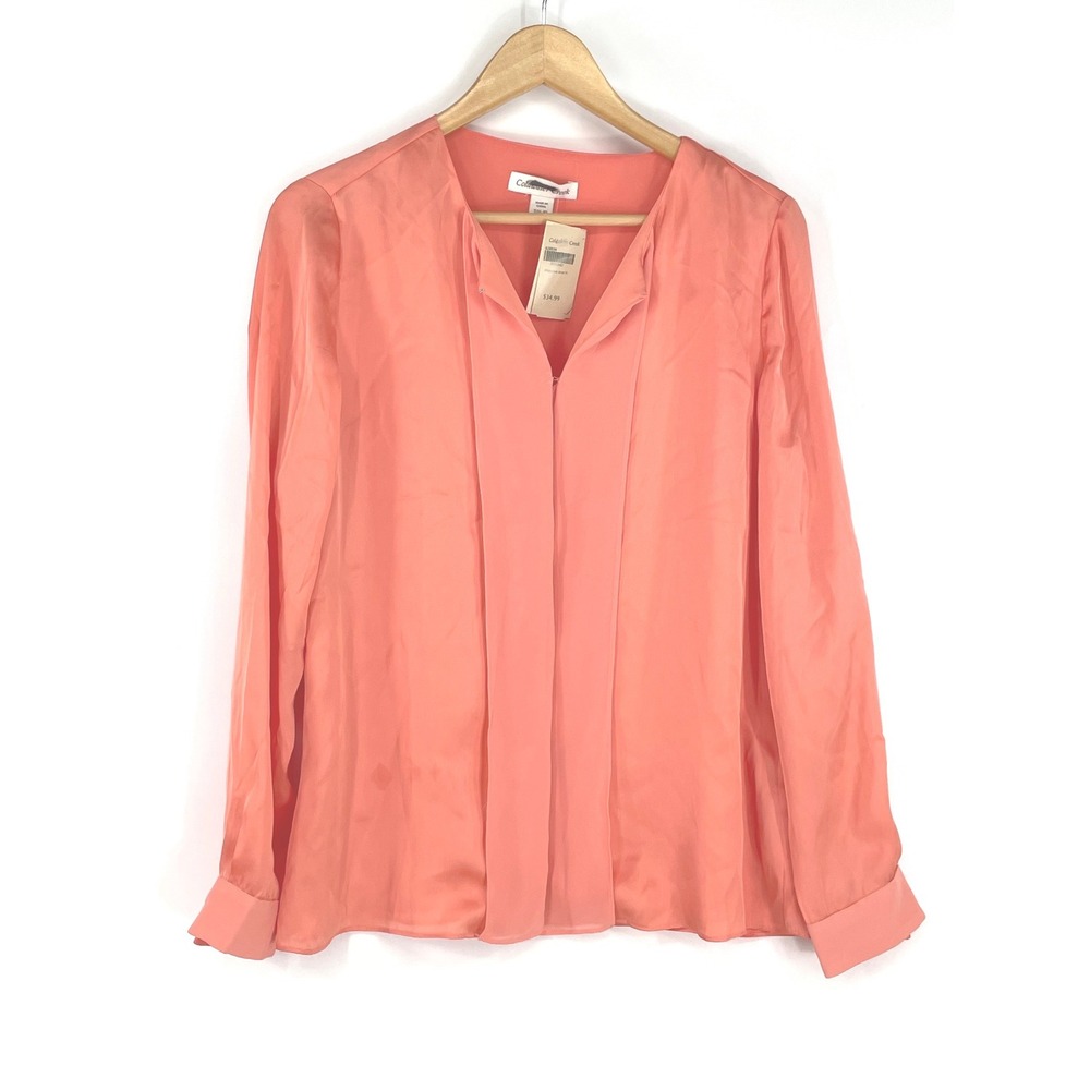 NWT Coldwater Creek Men Small Blouse Coral Pink Long Sleeve Pleated Front Top